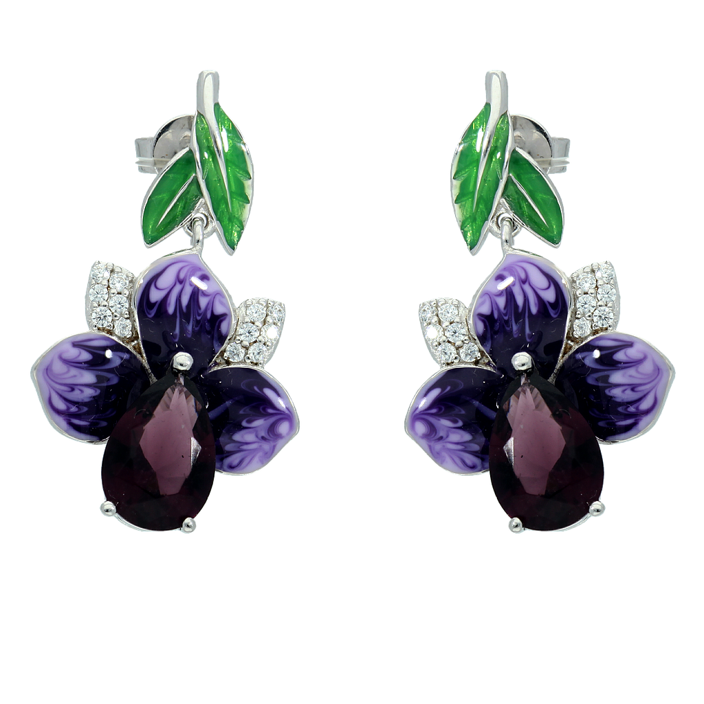 V5464, Earrings Silver 925, Amethyst CZ & Enamel Flower