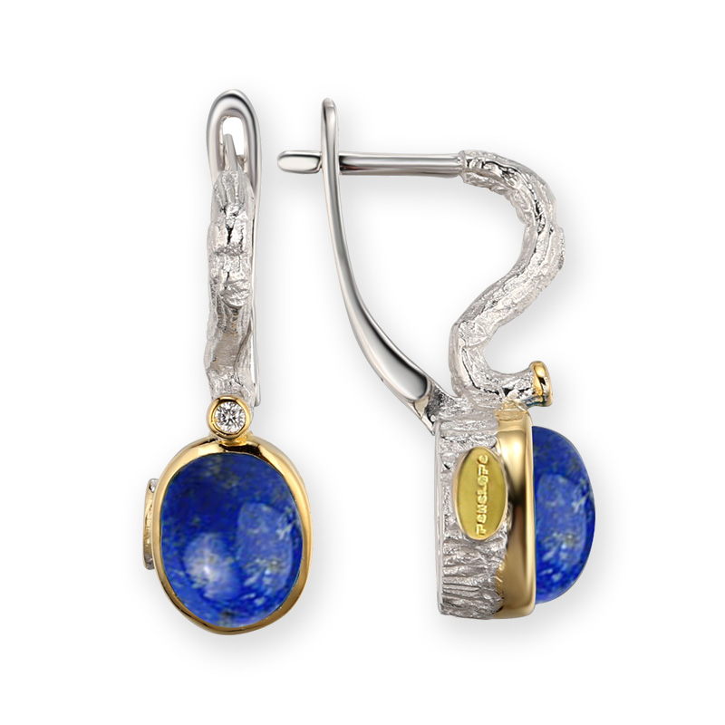 V4596, Earrings Silver 925, White Topaz, Lapis Azul, Gold plated, Hand Made