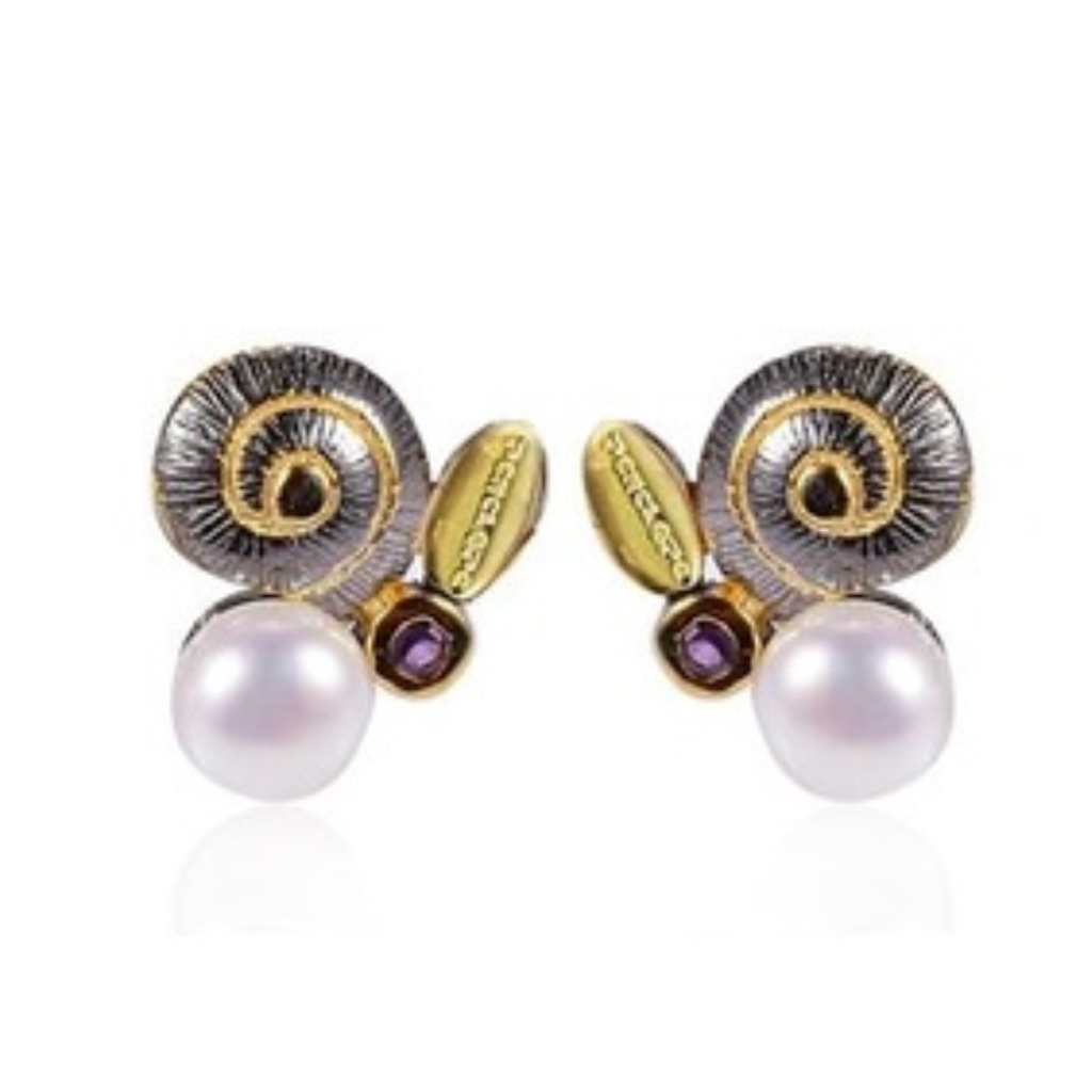V4595, Earrings Silver 925,   White Fresh Water Pearl,   Amethyst,   Gold&Black plated,   Hand Made
