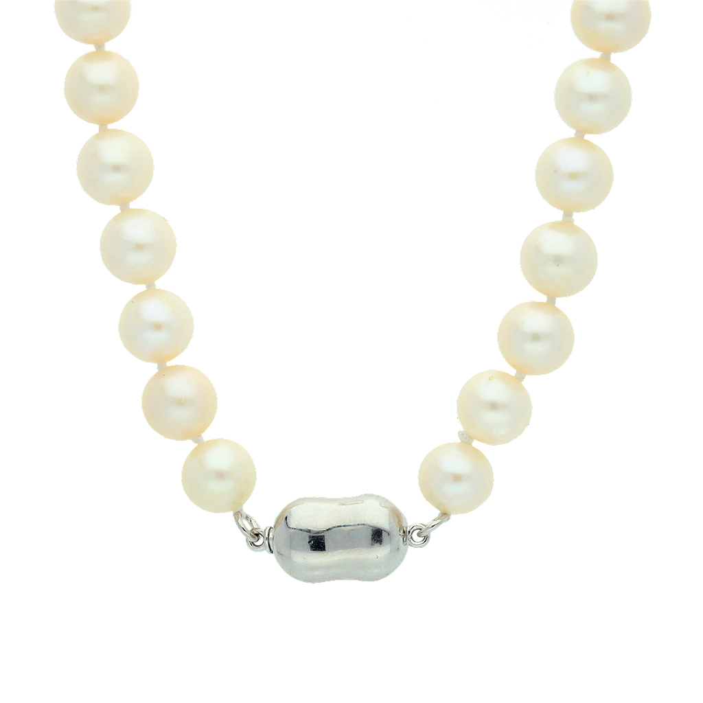 PN022,  White Fresh Water Pearl Necklace 9-10 mm,   Silver Claps,   40 cm 