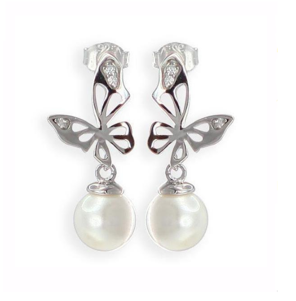 V3326, Earrings Silver 925,   Rhodium Plated,   CZ & Shell Pearl,   Pearl Collection