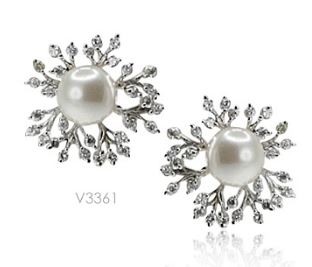 V3361, Earrings Silver,  925,   White Shell Pearl & CZ,   Pearl Collection