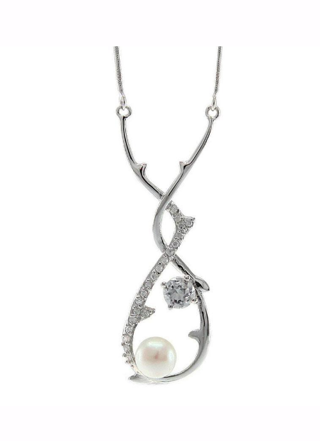 N3024, Necklace Silver 925,   Fresh Water Pearl and CZ,   Pearl Collection