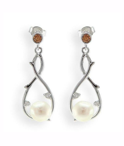 V3214, Earrings Silver,  925,   Red & White Zircone,   White WF Pearl
