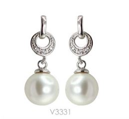 V3331, Earrings Silver 925,  Rhodium Plated,   CZ & Shell Pear,   Pearl Collection