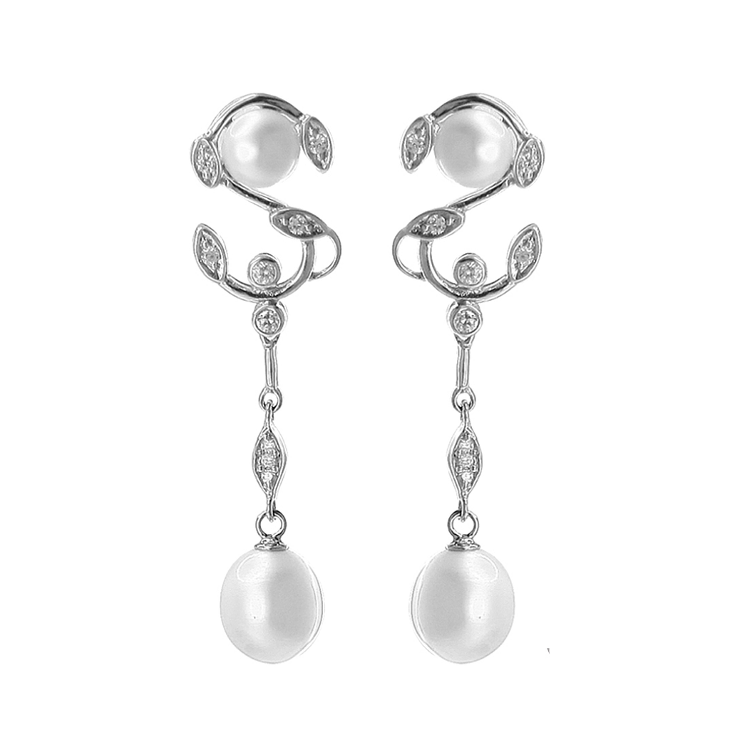 V3449, Earrings Silver 925,   Zircon,   Fresh Water Pearl,   Pearl Collcection