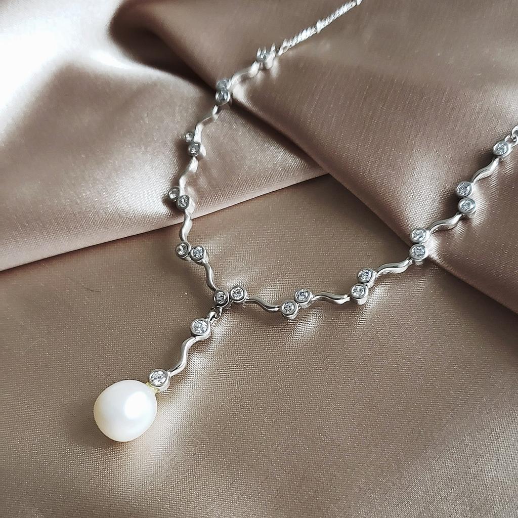 N3153, Necklace Silver,  925,   White Zircone& WF Pearl