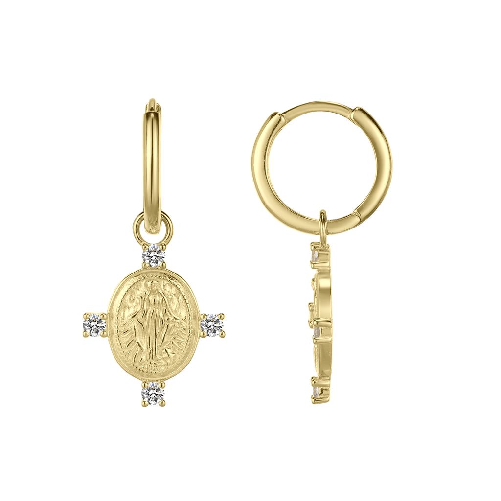 V5906, Virgen Maria, Earrings Silver 925, 18K Gold, Plated White CZ