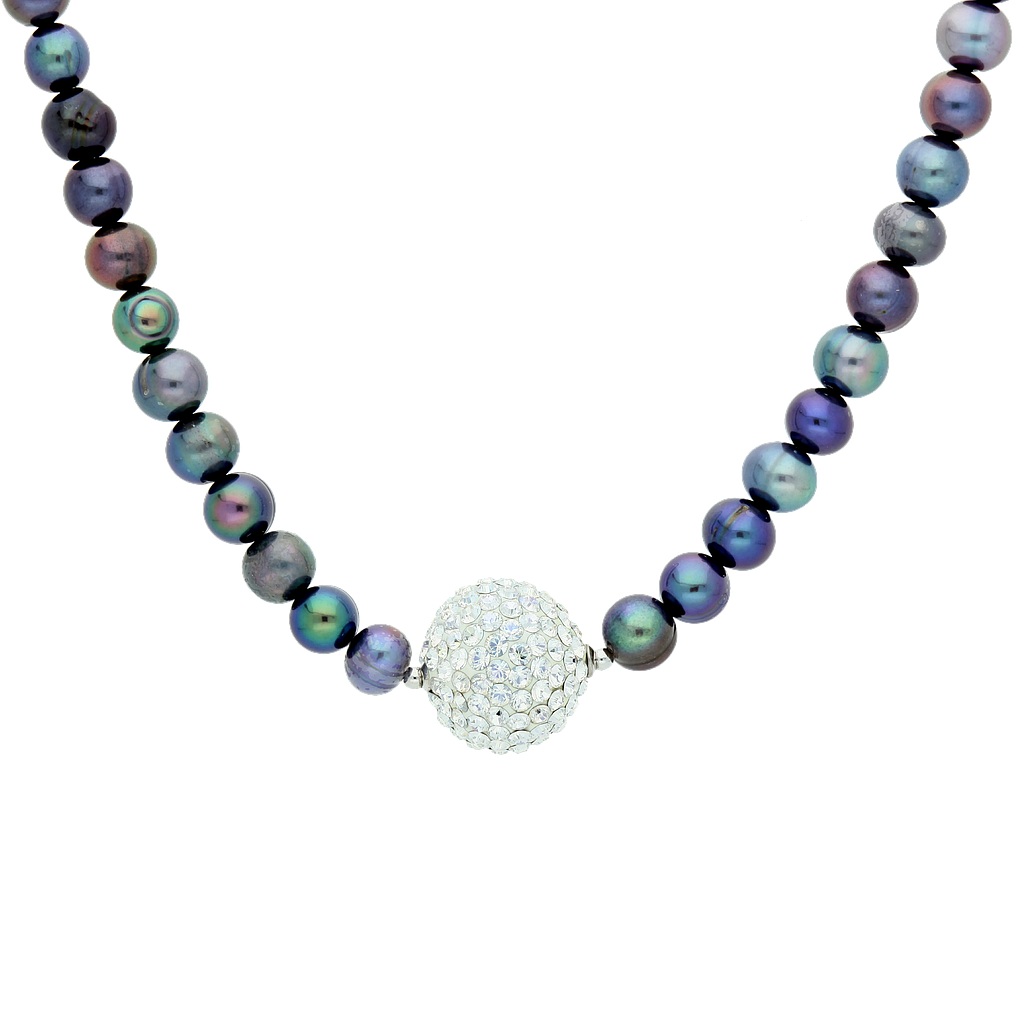 N5502,Necklace S.Steel Black fresh water pearl, Crystal Swarovski ,44+3cm chain