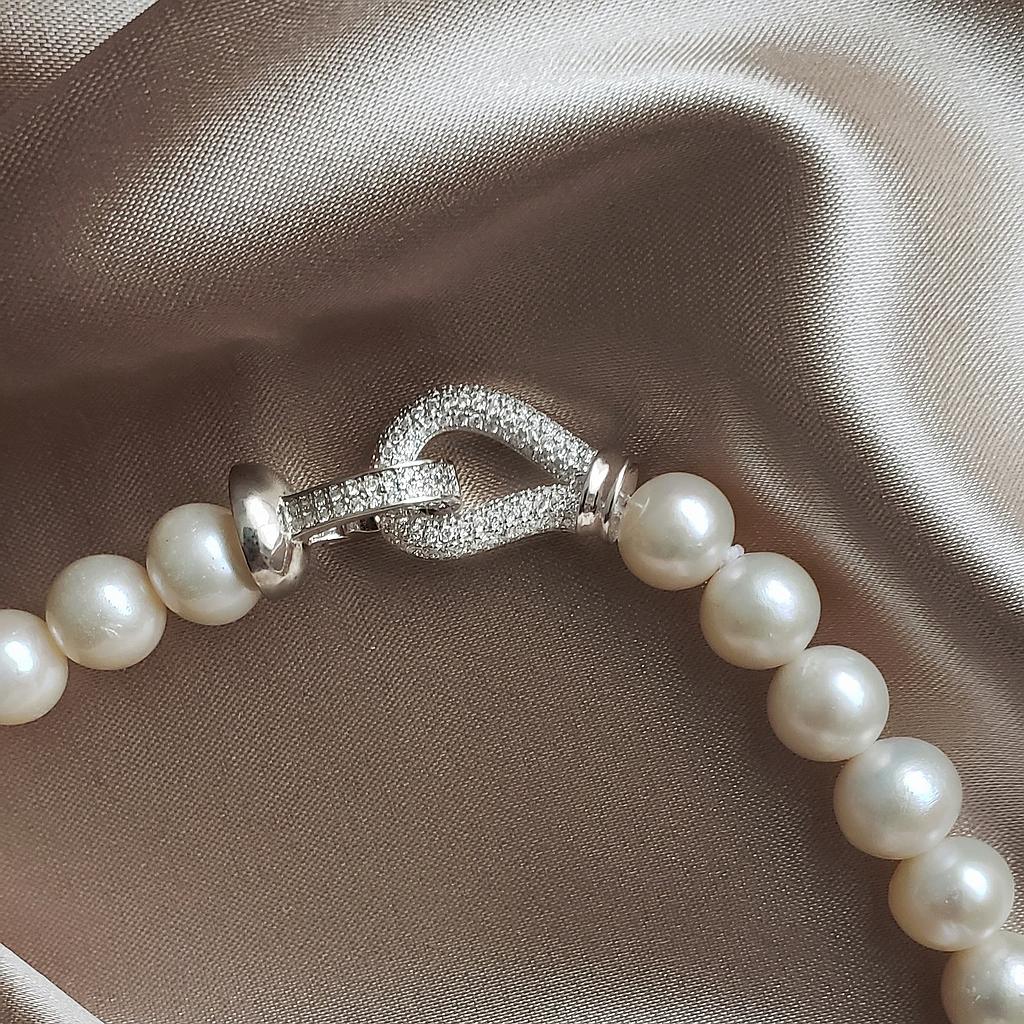 PN028,White Fresh Water Pearl Necklace 9-10 mm,  Silver Claps,  48 cm