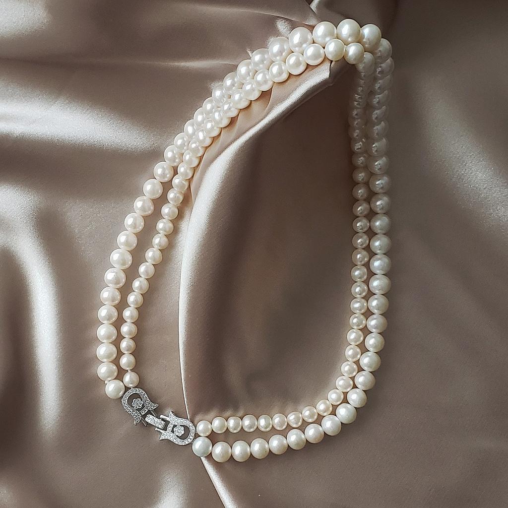 PN032 Two Layer, White, Fresh Water Pearl Necklace Size 7-9 mm,  Silver Claps
