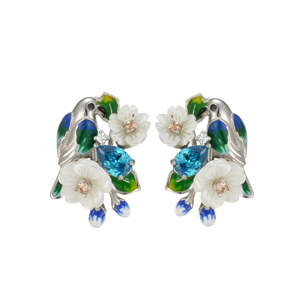 V6046,Garden Serenade Earrings, Silver 925,Shell, CZ, Enamel, Hand Made