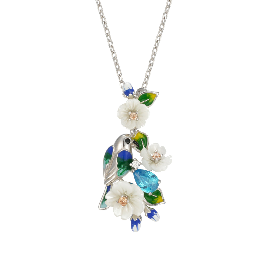 N6420, Garden Serenade Necklace, Silver 925, Enamel, Shell, CZ  Hand Made