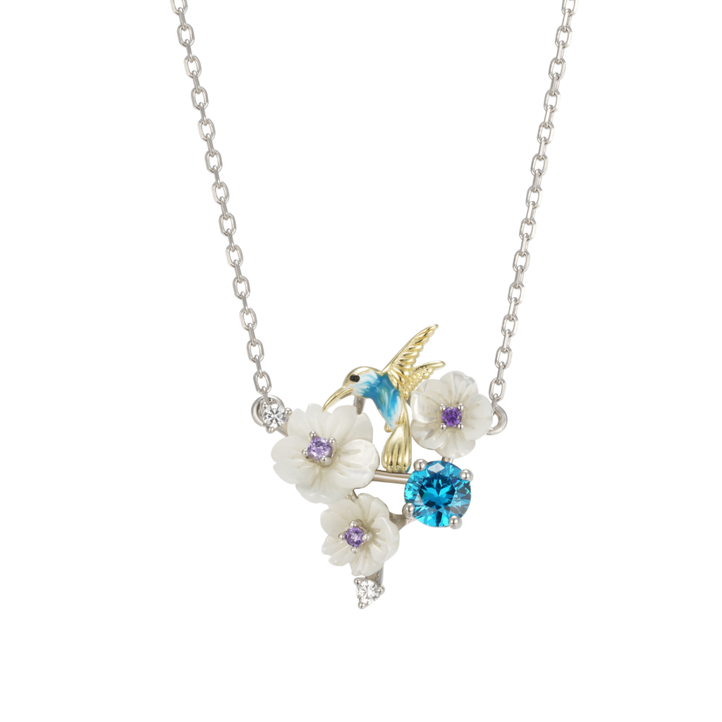 N6421, Floral Melodies Necklace, Silver 925, Enamel, Shell, CZ  Hand Made