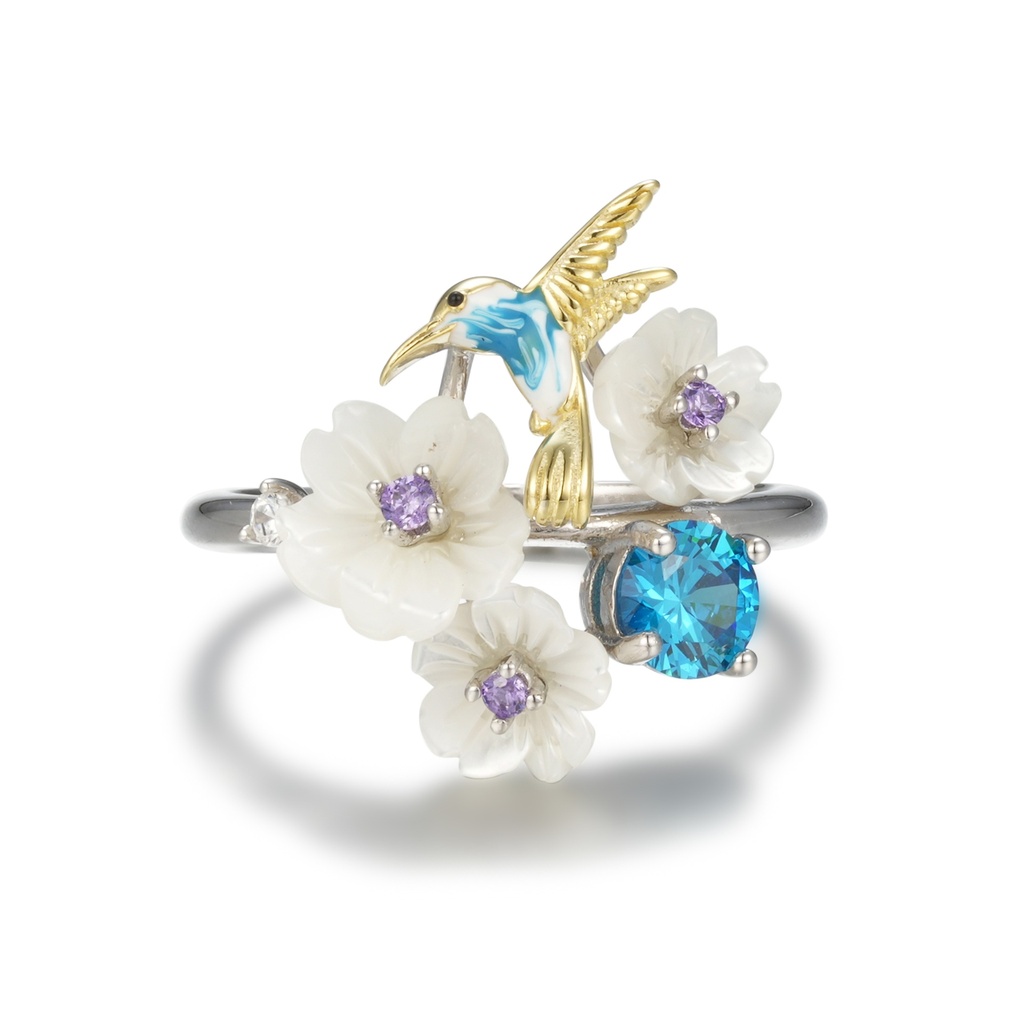 U4231,Floral Melodies Ring, Enamel,Silver 925, Rhodium Plated, Shell, Cubic Zirconia