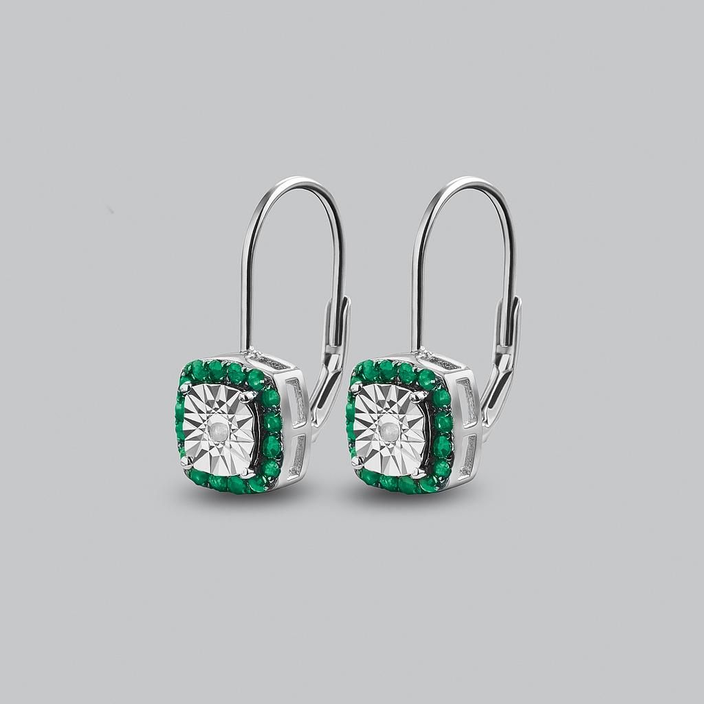 V5456, Earrings Silver 925, White Diamond 1.5mm, Emerald 2mm