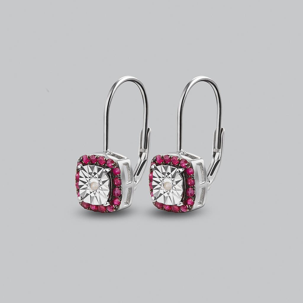 V5454, Earrings Silver 925, White Diamond 1.5mm , Ruby 2mm