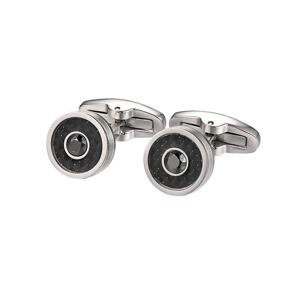 A1282, Stainless steel cufflinks with black Swarovski Crystals and Carbon Fiber.