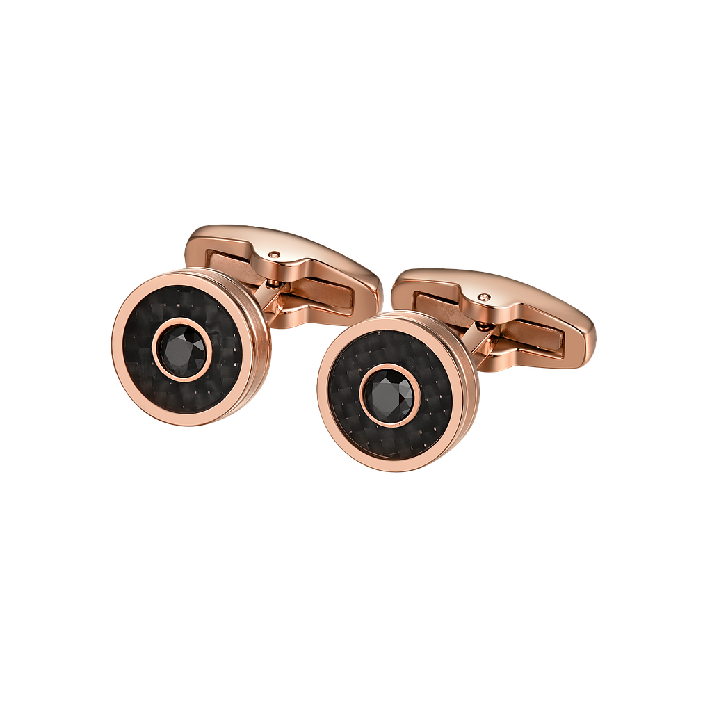 A1283, Stainless steel cufflinks with black Swarovski Crystals and Carbon Fiber, Gold Plated