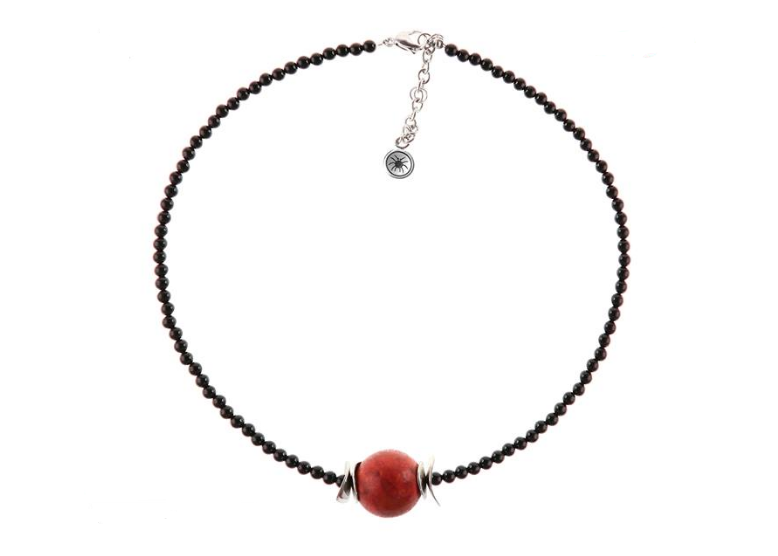 N4428, Necklace S. Steel 316L,  black onyx,  coral