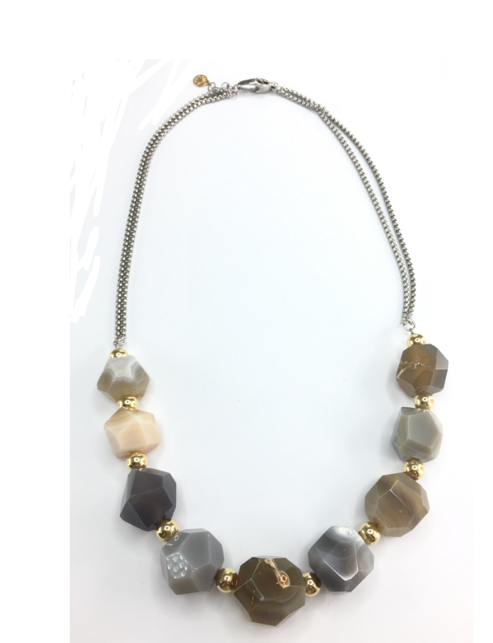 N4650, Necklace S. Steel 316L,  IPGold,  agate natural stone