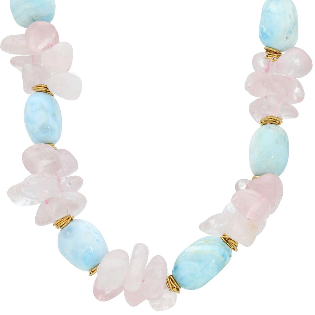 N4720, Necklace S. Steel 316L,  Rose Quartz,  Larimar Stone,  IPGold