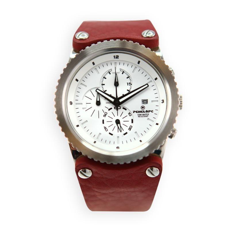 PE194SR, Watches S. Steel Quartz case, red leather strap 