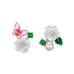 [V5814 Eden,] V5814, Earrings,  Sterling Silver 926,  Cubic Zirconia,  Shell flower , Enamel ,  Fresh Whater Pearl