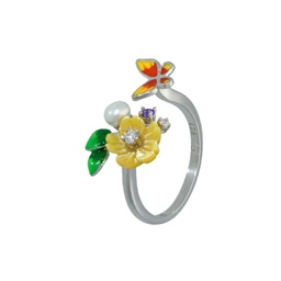 U3947,  Ring Silver 925 , Blue CZ, White CZ, Yellow Shell, White Fresh water pearl, Enamel
