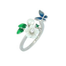[U3948 Eden] U3948, Ring Silver 925,  Green spinel,  White CZ,  white Shell,  White Fresh water pearl,  Enamel