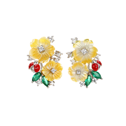 [V5812 Eden] V5812, Earrings Sterling Silver 925, Rhodium Plated,Yellow Shell, Cubic Zirconia,Enamel
