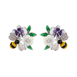 [V5808 Eden] V5808, Earrings, Sterling Silver 925, Rhodium Plated, White Shell, Cubic Zirconia, Enamel