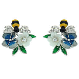 [V5807 Eden] V5807, Earrings, Sterling Silver 925, Rhodium Plated, White Shell, Cubic Zirconia, Enamel