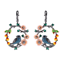 [V5324 Eden] V5324, Earrings Silver 925, Black&Green Spinel, White CZ, Swiss Blue CZ, Pink Shell Flower