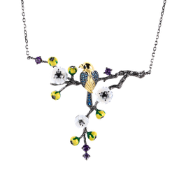 [N5262 Eden] N5262, Necklace Silver 925, Black Spinel, Amethyst CZ, White CZ, Swiss Blue CZ, Swiss Blue Topaz, White Shell Flower