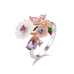 U3949, Ring Silver 925, White flower shell, red corrundum.Pink Flower shell, CZ & Green enamel