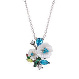 [N5472 Eden] N5472, Necklace Silver 925,  White flower shell, Sea Blue CZ.White Flower shell, CZ & Green enamel