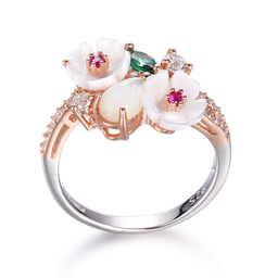 U3882, Ring Silver 925,  Shell Flower,  Green Spinel,  CZ