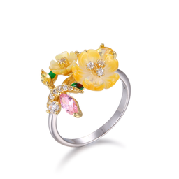 U3748, Ring Silver 925,  White Zircon,  Green Peridot,  Yellow Shell