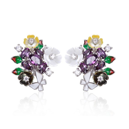 [V4738 Eden] V4738, Earrings Silver 925,  White&Purple CZ,  Yellow&Black Shell