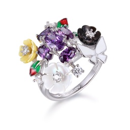 [U3749 Eden] U3749, Ring Silver 925,  White&Purple Zircon,  Yellow,  Black&White Shell