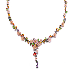 [N5260 Eden] N5260, Necklace Silver 925,  Green Spinel,  Amethyst CZ,  White CZ,  Pink Shell