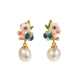 [V5803 Eden] V5803,  Earrings,  Sterling Silver 925,  Gold Plated, White Shell,  Fresh Water Pearl,  Cubic Zirconia,  Enamel