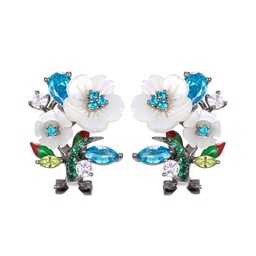 [V5510 Eden] V5510, Earrings Silver 925,  White flower shell, Sea Blue CZ.White Flower shell, CZ & Green enamel