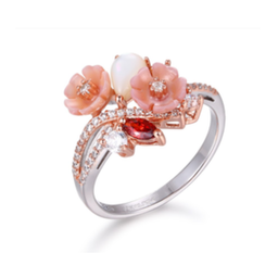 U3747 Ring Silver 925, White Zircon, Garnet, White&Pink Shell flower