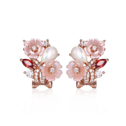 [V4735 Eden] V4735 Earrings Silver 925, White CZ, Garnet, White&Pink Shell