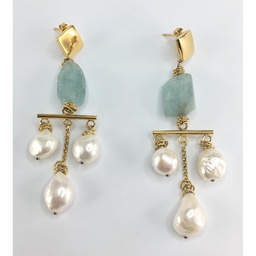 [V4608 Pearl Collection] V4608, Earrings S,  Steel 316L,   Fresh Water Pearl,   Amazonite,   IPGold