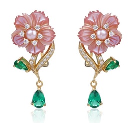 [V4878 Eden] Earrings Silver 925,  Pink Shell,  Pink Pearl,  Green Spinel ,  White CZ