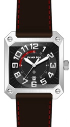 [PE235R Watches] Watches S. Steel Quartz, Steel case, black leather strap,red details