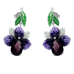 [V5464 Art Nouveau] V5464, Earrings Silver 925, Amethyst CZ & Enamel Flower
